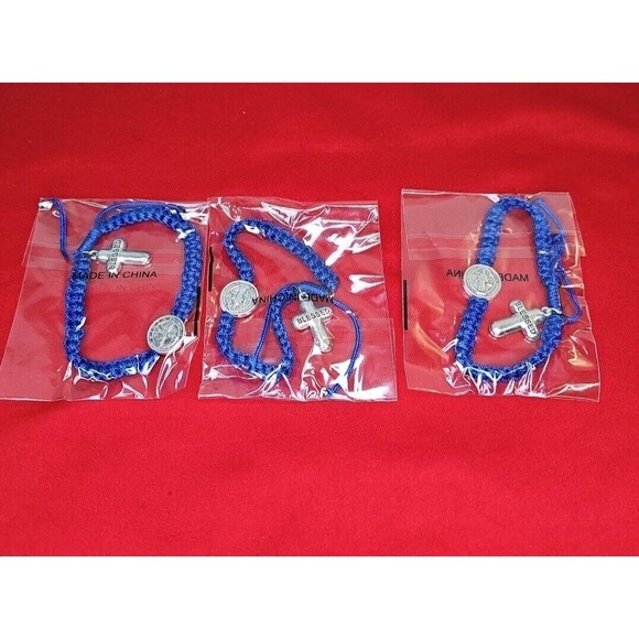 St. Benedict Blessed Cross Blue Bracelet Adjustable String Silver Tone Metal - Picture 6 of 6